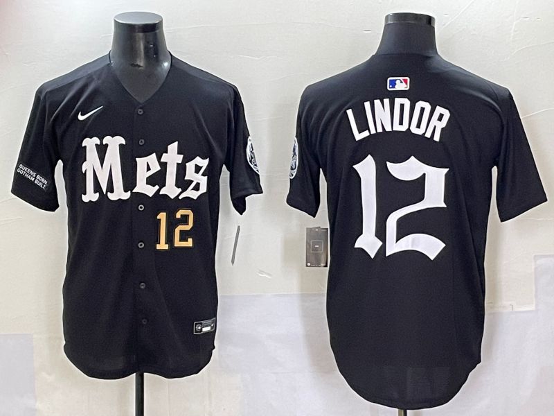 Men 2025 New York Mets #12 Lindor Black Five generations Joint Name Nike MLB Jersey style 3->new york mets->MLB Jersey